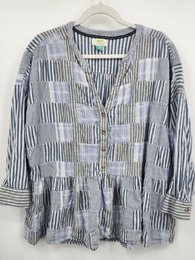 Anthropologie Maeve Blue & White Striped 3/4 Button-Up Top Sz X1